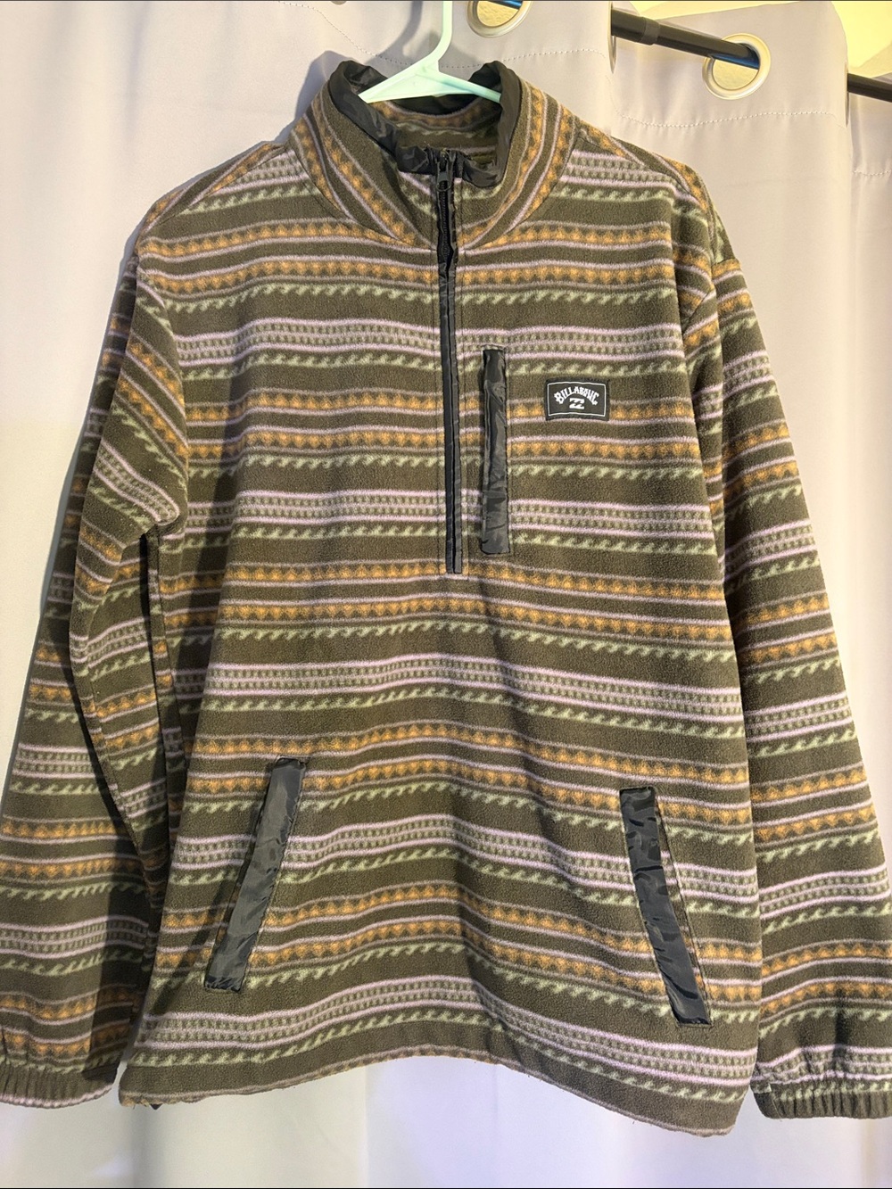 Billabong Olive and Mustard Striped Quarter-Zip Fleece Pullover